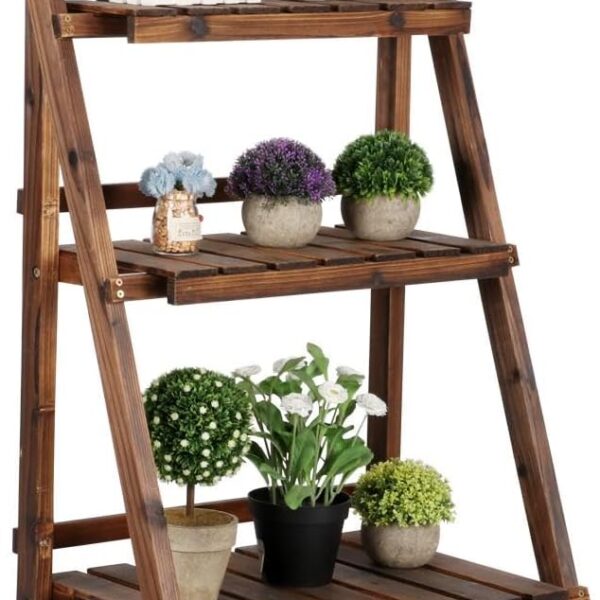 Folding Plant Stand Wooden Foldable Plant Shelf 3-Tier Flower Pot Stand Plants Display Shelf Rack Ladder Garden Indoors Outdoors 23.6 x 15 x 36.6in