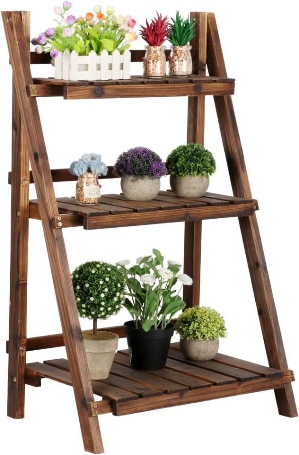 Folding Plant Stand Wooden Foldable Plant Shelf 3-Tier Flower Pot Stand Plants Display Shelf Rack Ladder Garden Indoors Outdoors 23.6 x 15 x 36.6in