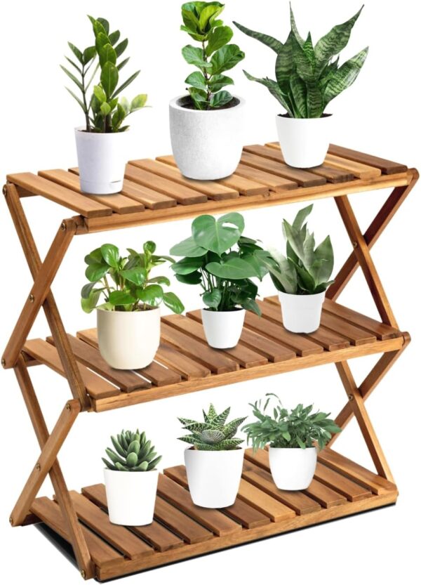 Acacia Plant Stand Indoor, Wooden Outdoor Planter Stand, 3 Tier Succulent Shelf, Easy Assembly, Patio Balcony Sunroom Decor, Flower Garden Shelf, 1-year Manufacturer Warranty (Natural Wood)