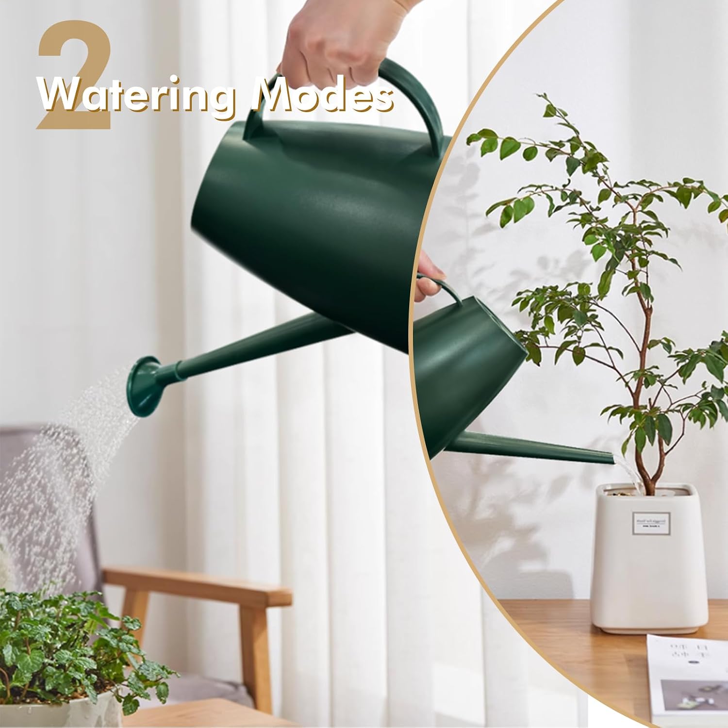 Watering Can for Indoor Outdoor Plants, Modern Small Watering Cans with Removable Nozzle, Long Spout Watering Can for Indoor Bonsai Plants Garden Flowers 1/2 Gallon 1.8L (Dark Green) - Image 2