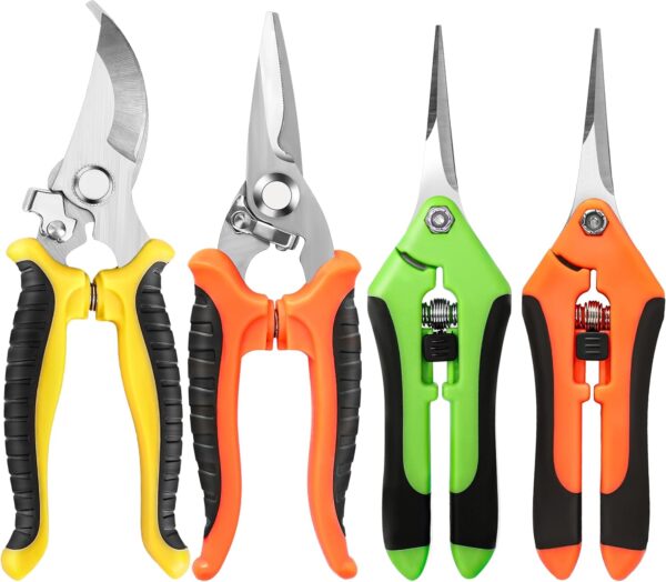 4 Pack Garden Pruning Shears, Stainless Steel Garden Shears, Gardening Shears, Garden Scissors, Garden Clippers, Pruning Snips, Pruning Shears for Gardening Tools (4PCS Yellow Orange Green)