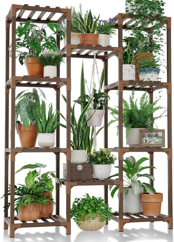 Plant Stand Indoor Outdoor Tall Plant Shelf for Multiple Plants Pots Wood Flower Stand Large Flower Holder for Living Room, Patio, Balcony, Garden Decor, Brown