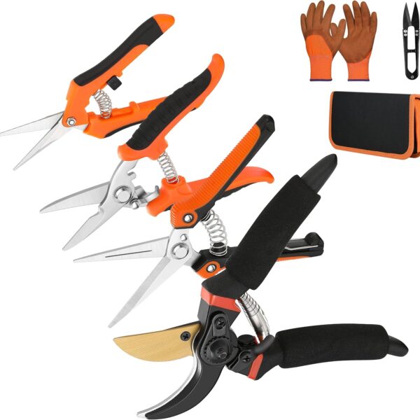 5 pack Garden Pruning Shears Stainless Steel Blades, Handheld Scissors Set with Gardening Gloves,Heavy Duty Garden Bypass Pruning Shears,Tree Trimmers Secateurs, Hand Pruner (Classic)