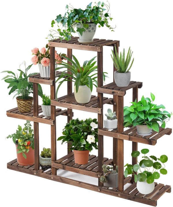 6-Tier Multifunctional Wood Flower Stand, Shelf Holder for Multiple Plants, Freestanding Plant Rack for Garden, Patio, Balcony, Living Room, Indoor, Outdoor