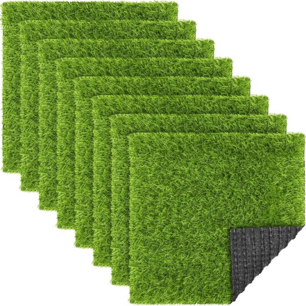 8 Packs 12 x 12 Inch Artificial Grass Mat Squares Synthetic Garden Grass Tiles Fake Grass Turf Patch with Drainage Hole Realistic Grass Rug for DIY Decoration
