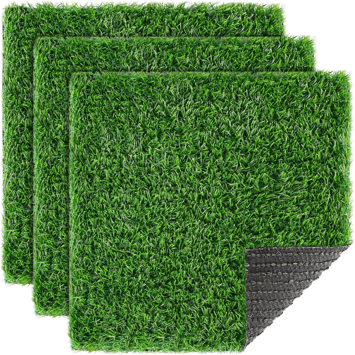 Square Artificial Grass Mat, 12"x12" Green Fake Grass Placemat Patch Tiles Decor Patio, Party, Balcony, DIY Crafts, 3 Pack
