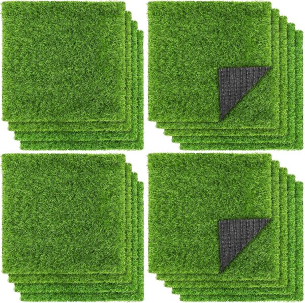 18 Pieces Artificial Grass Mat 12 x 12 Inch Synthetic Grass Square Mats Indoor Outdoor Patio Flooring Fake Turf Patch Tiles Realistic Grass Rug for DIY Crafts Miniature Garden, Grass Green