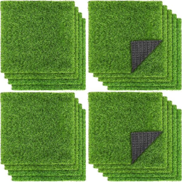 18 Pieces Artificial Grass Mat 12 x 12 Inch Synthetic Grass Square Mats Indoor Outdoor Patio Flooring Fake Turf Patch Tiles Realistic Grass Rug for DIY Crafts Miniature Garden, Grass Green