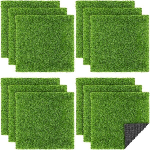 12 Pieces Artificial Grass Mat Square 12 x 12 Inch Fake Turf Patch Indoor Outdoor Garden Lawn Patio Balcony Synthetic Turf Mat Realistic Grass Rug for Crafts Miniature Garden DIY, Grass Green